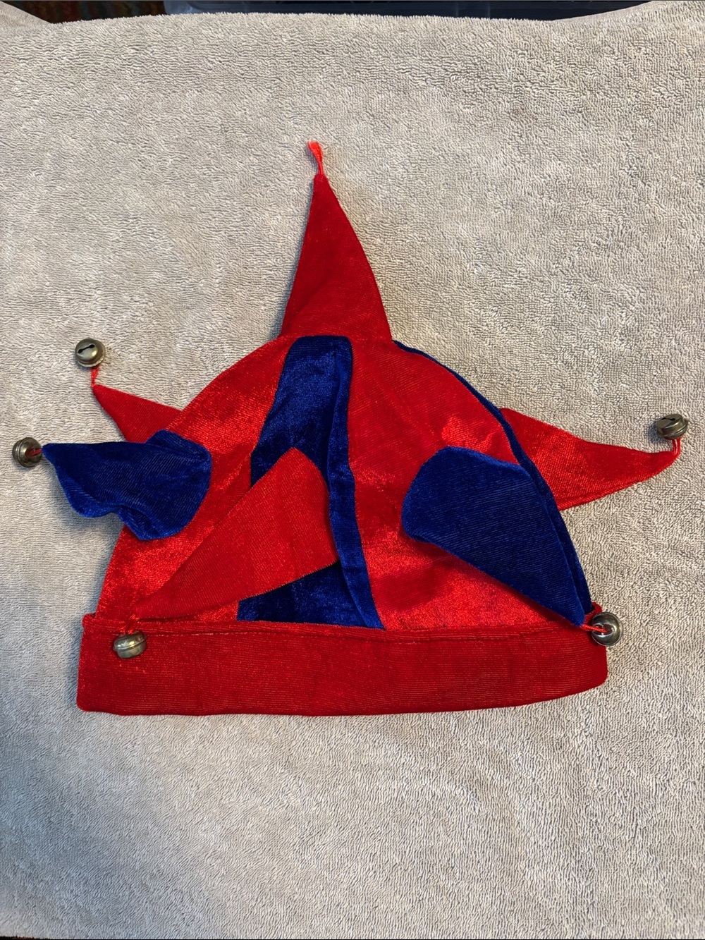 Y2K Red and Blue Jester Hat with Bells Adult Costume Good